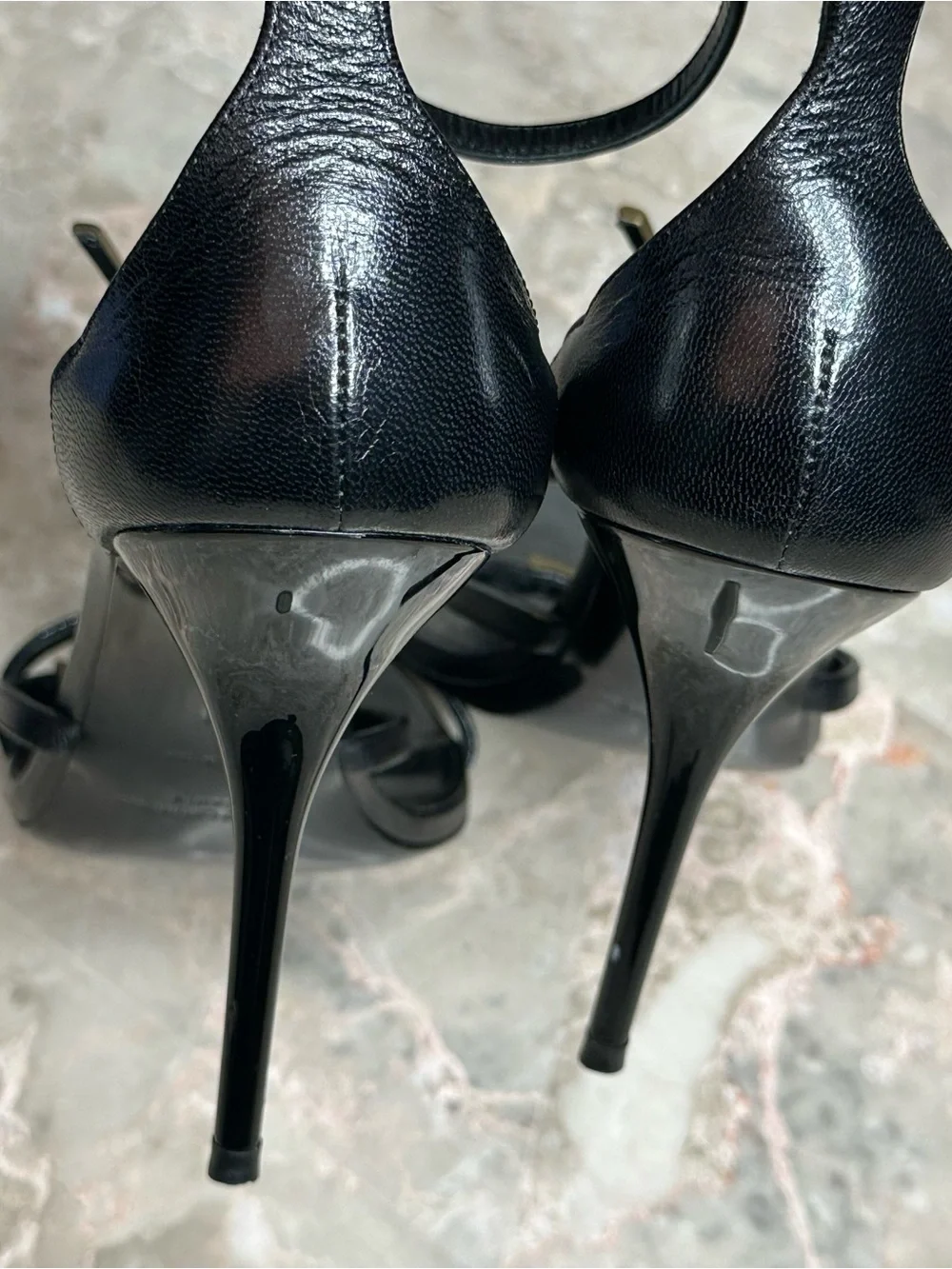 Saint Laurent Black Leather Heeled Sandals with Gold YSL Monogram - Picture 12 of 16